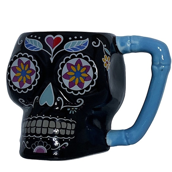 Sugar Skull Jumbo Day of the Dead Ceramic Mug Large Multicolor Black 16 Oz - Picture 1 of 11